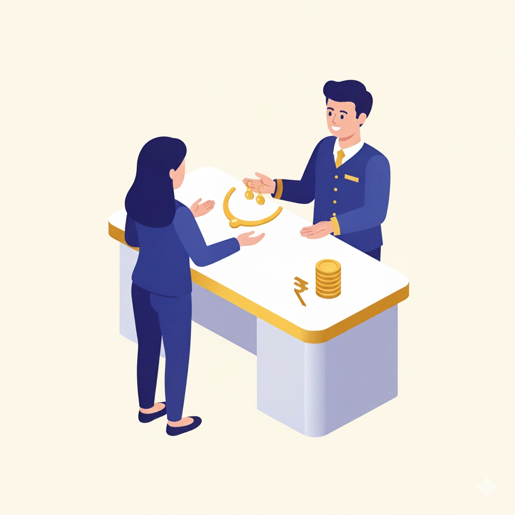 Woman receiving cash for gold jewellery at a counter, depicting quick gold loan in Palakkad