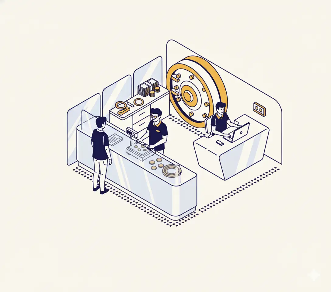 Gold loan office with staff evaluating gold and processing documents, representing reliable gold loan in Palakkad