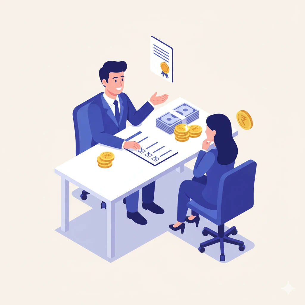 Customer discussing gold loan documents with bank officer illustration